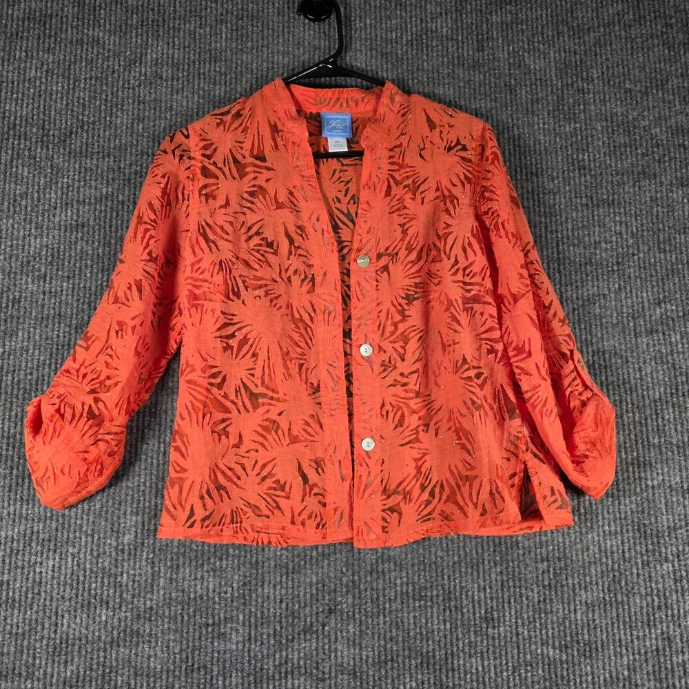 Lark Lane Petite 8P Orange‎ Sheer Burnout Jacket Roll Tab Sleeve